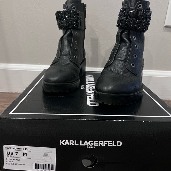 Karl Lagerfeld Black Embellished Combat Boots - Picture 2 of 5